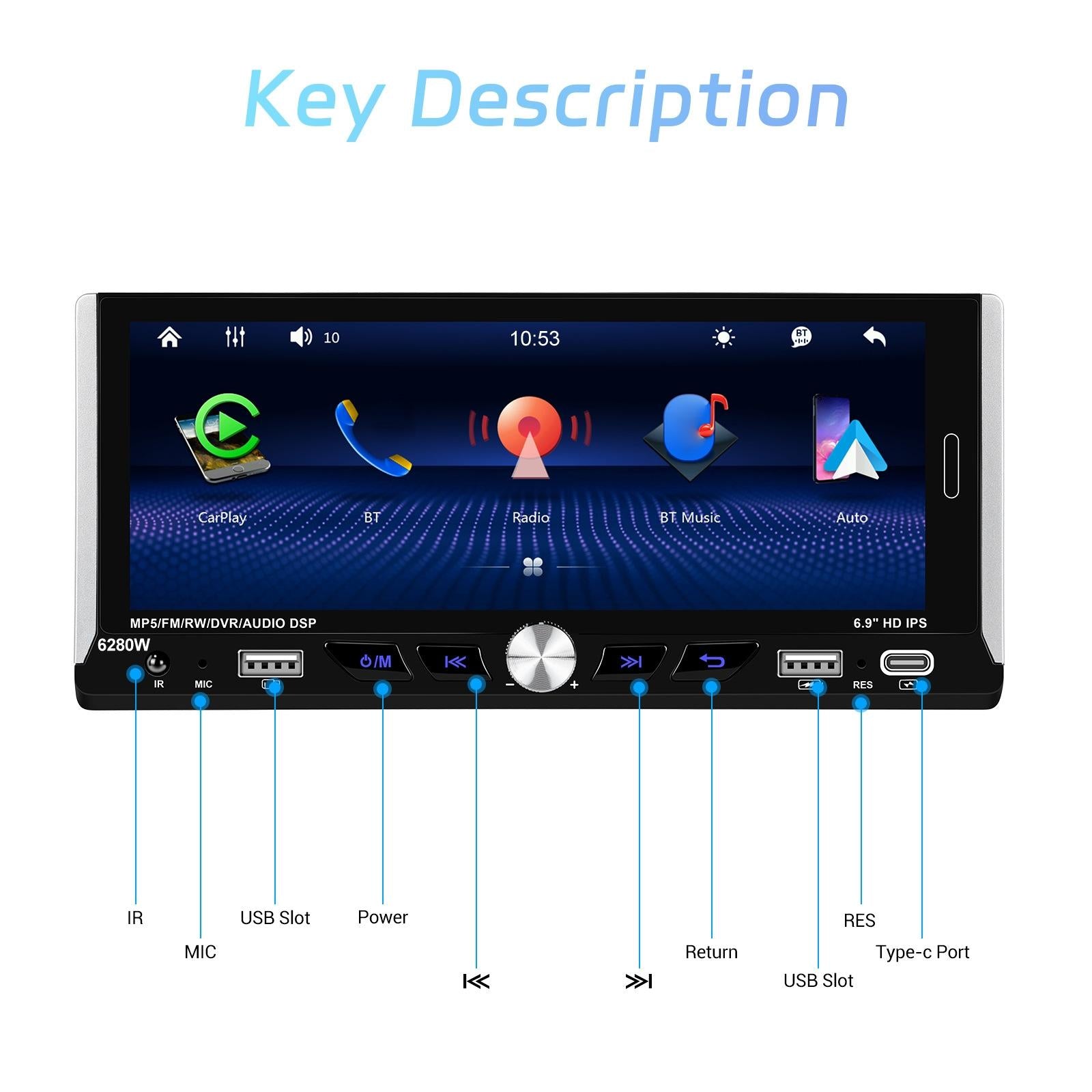 6.9 Inch Car Mp5 Player With Carplay Function & Backup Camera - Standard + 12 Light Camera
