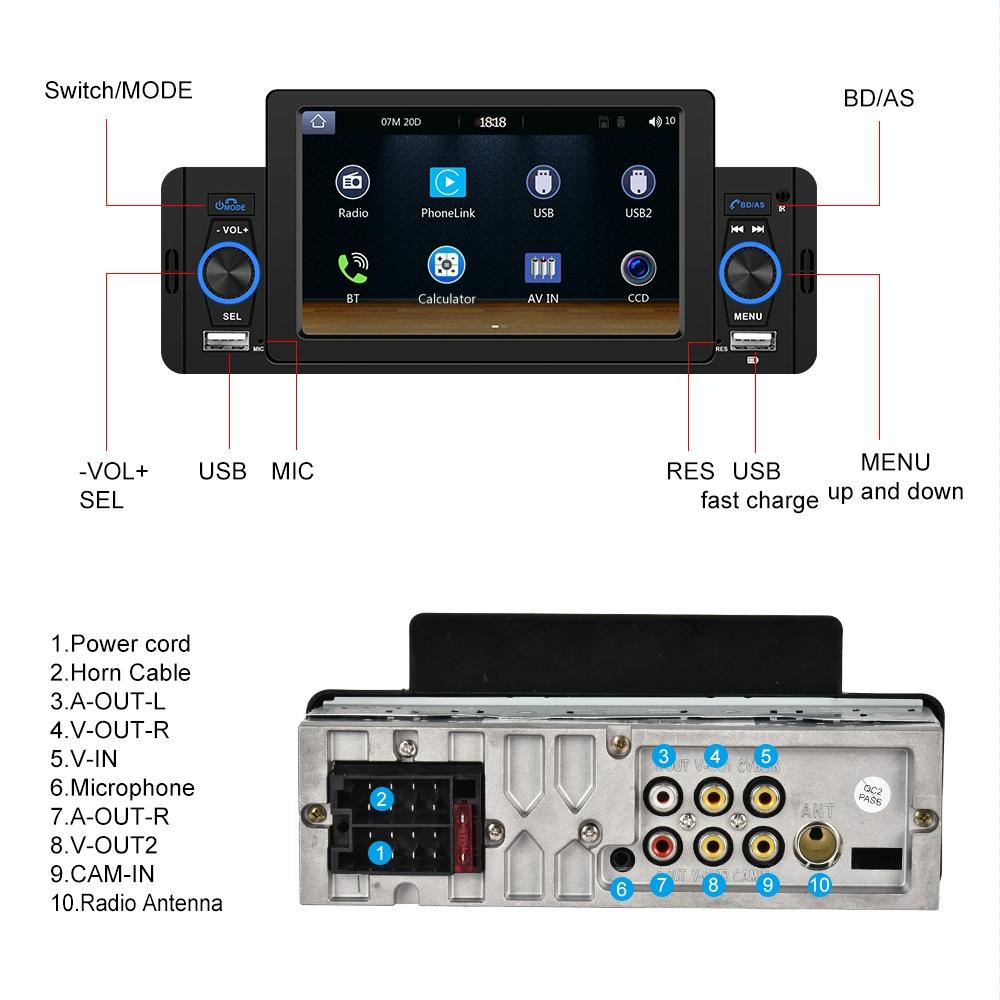 5 Inch Car Mp5 Inch Player W / Bluetooth & Microphone - Standard + 4 Lights Camera