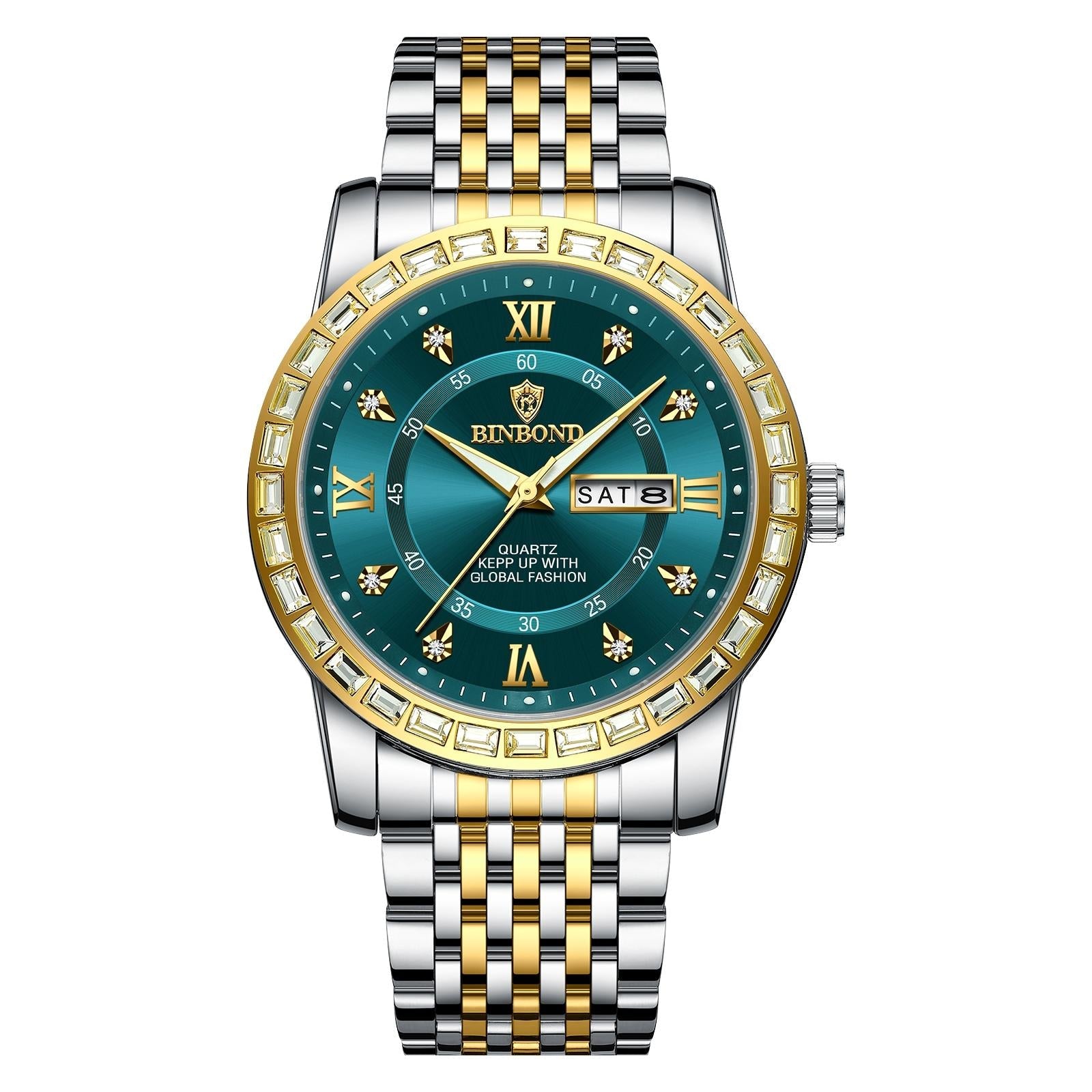 Diamond Dual-calendar Luminous Quartz Watch - B2202 - Inter-Gold-Green