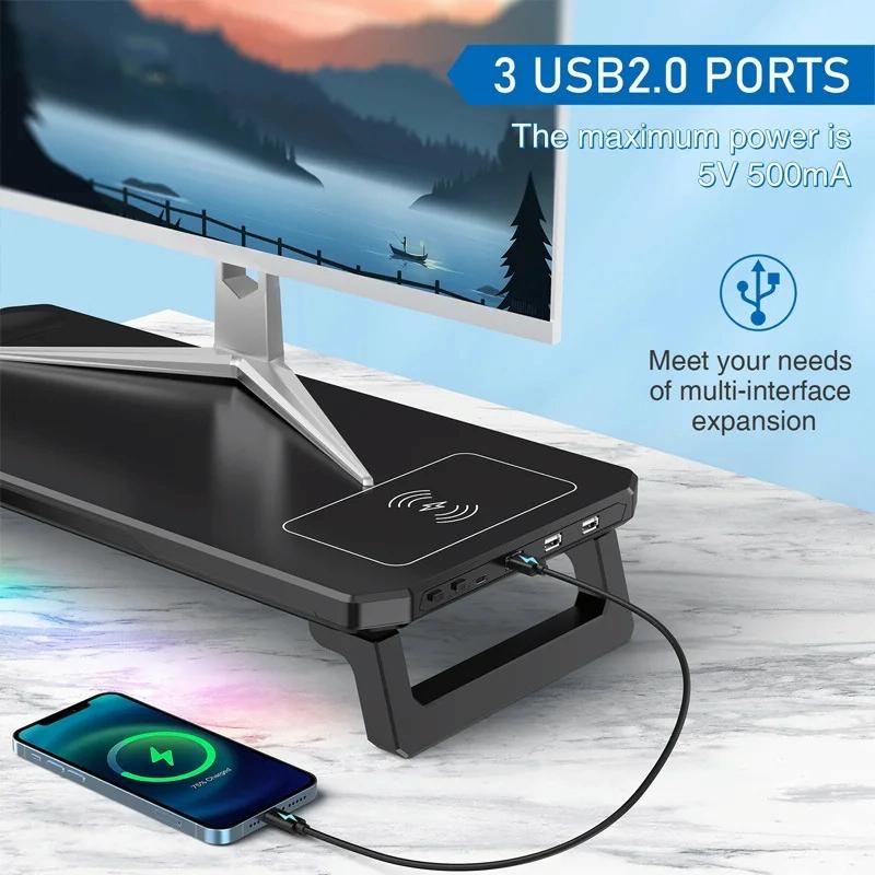 Usb Monitor Stand Riser with Type-c Ports - Wireless Charging  Black
