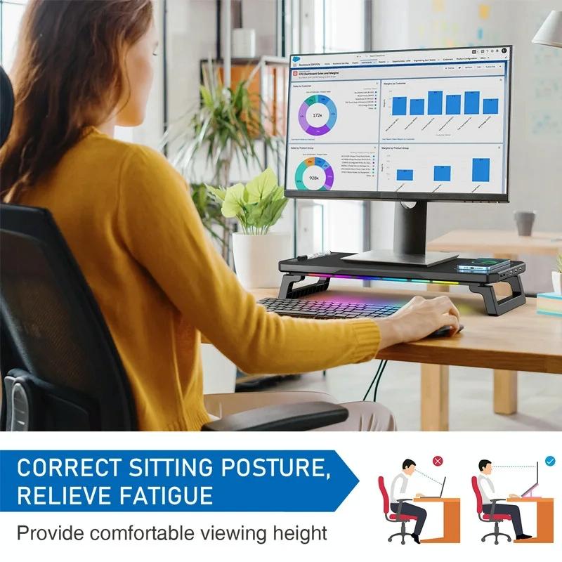 Usb Monitor Stand Riser with Type-c Ports - Wireless Charging  Black