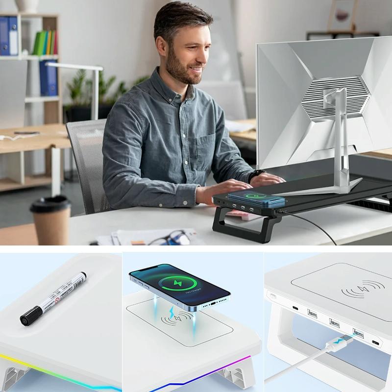 Usb Monitor Stand Riser with Type-c Ports - Wireless Charging  Black