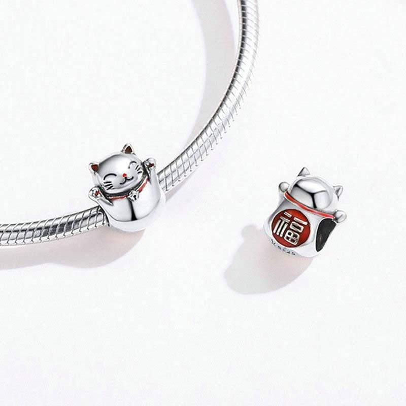 925 Sterling Silver Lucky Cat Beaded Bracelet Diy Accessory