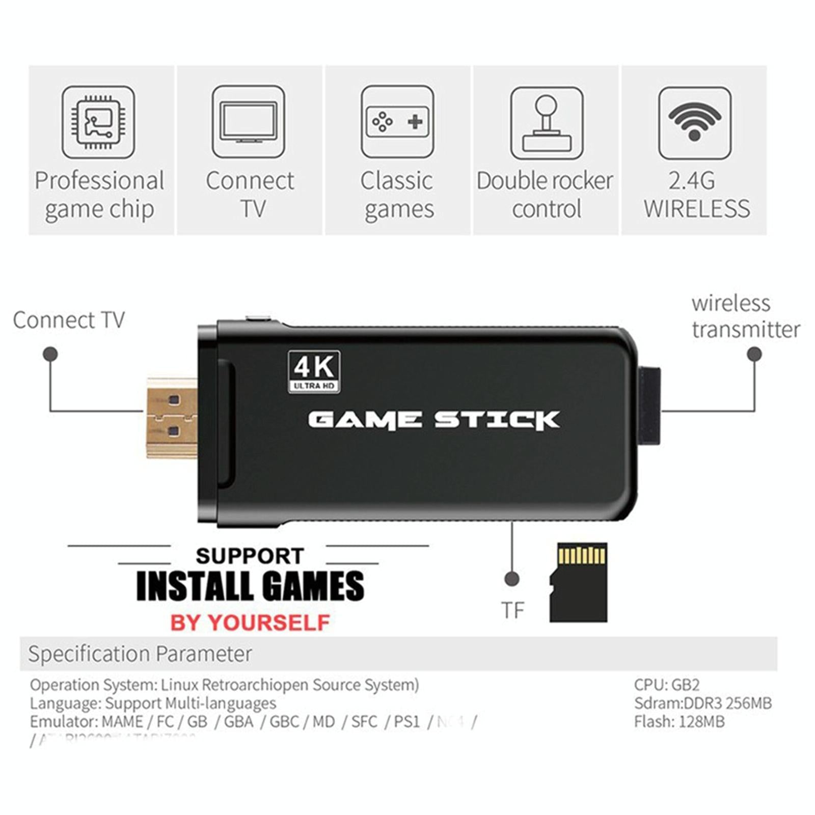 32Gb 4K Retro Game Stick + 2 Wireless Gamepads & 3000 Games