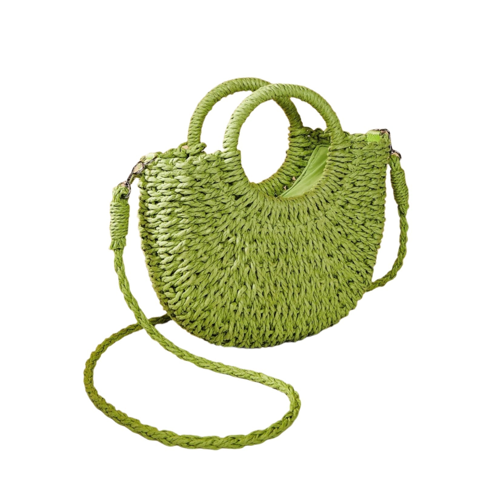 Beige Half Moon Straw Tote Woven Beach Bag - Rose Red