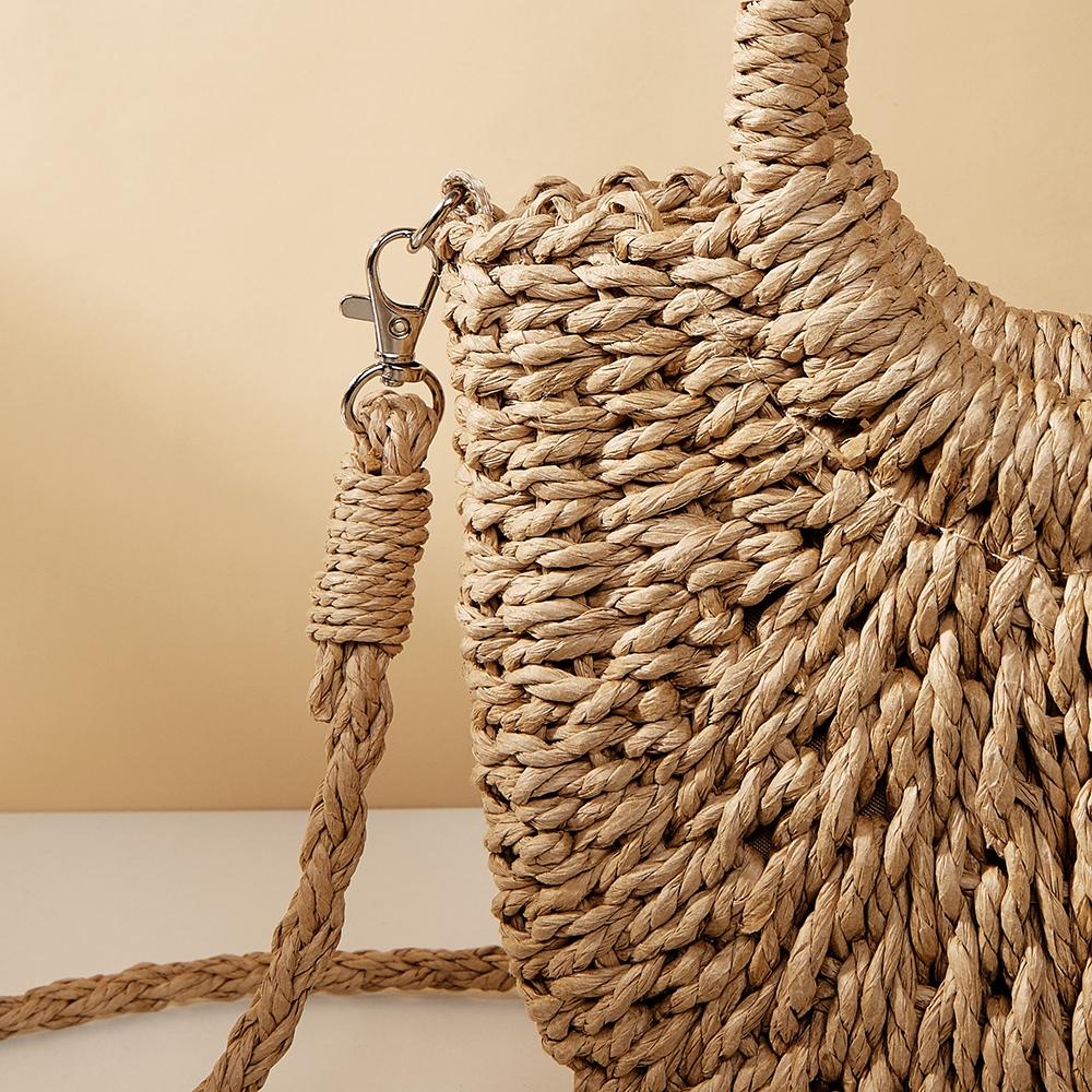Beige Half Moon Straw Tote Woven Beach Bag - Rose Red