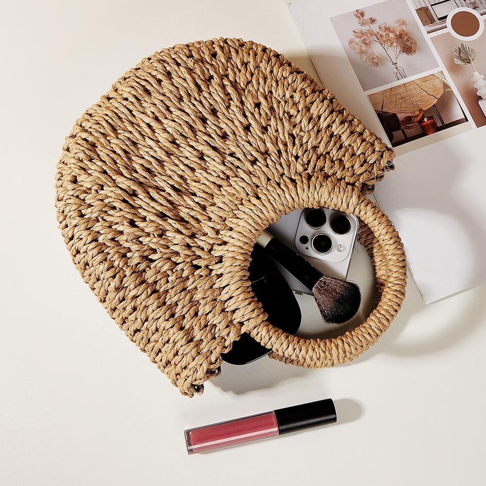 Beige Half Moon Straw Tote Woven Beach Bag - Rose Red