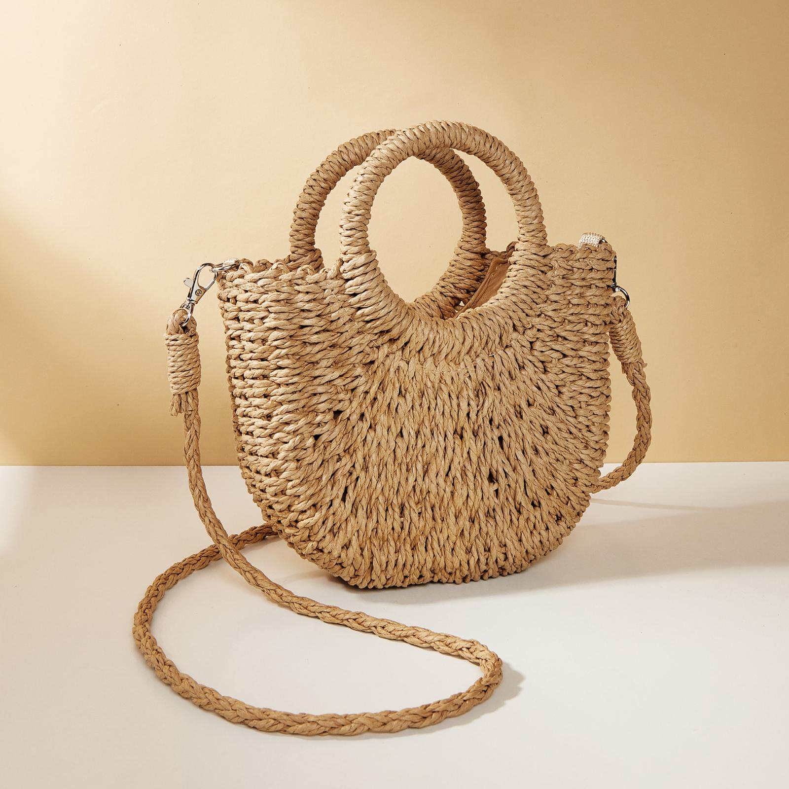 Beige Half Moon Straw Tote Woven Beach Bag - Rose Red