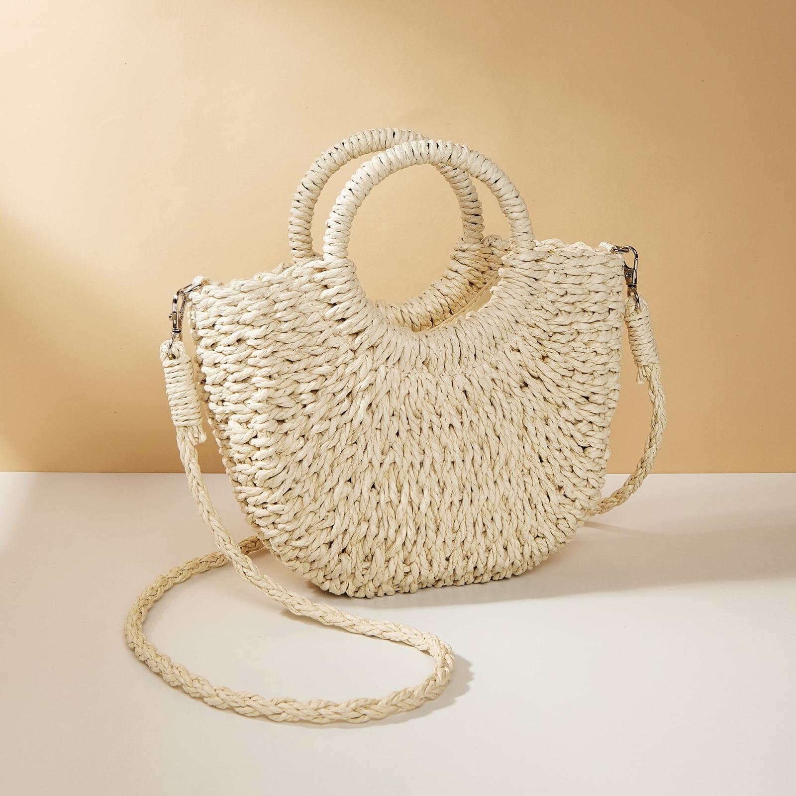 Beige Half Moon Straw Tote Woven Beach Bag - Rose Red