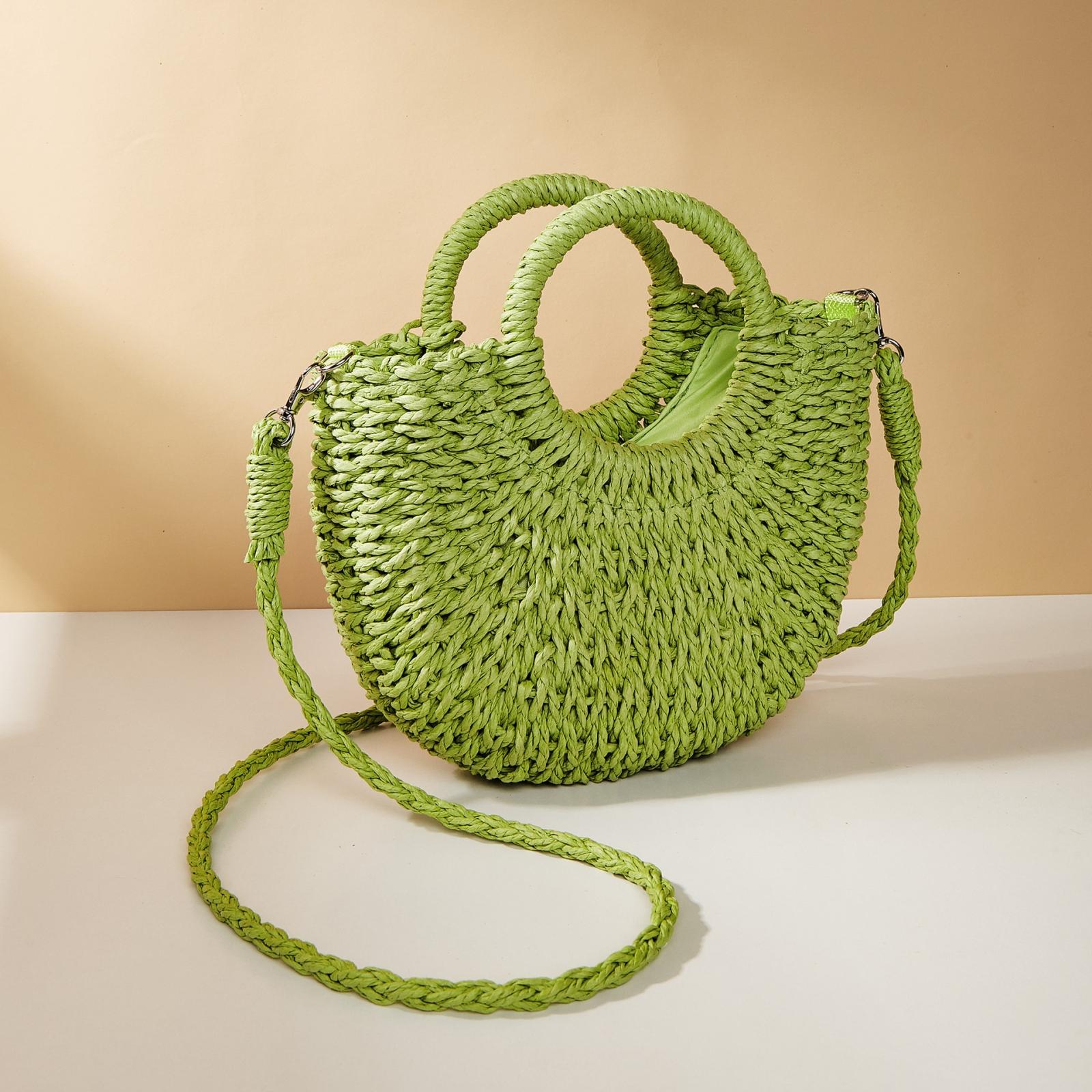 Beige Half Moon Straw Tote Woven Beach Bag - Rose Red