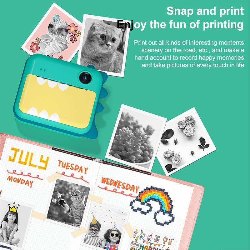 32gb Children Instant Camera with Dual-lens and Mini Print - Pink Cat - Green Dinosaur 32Gb