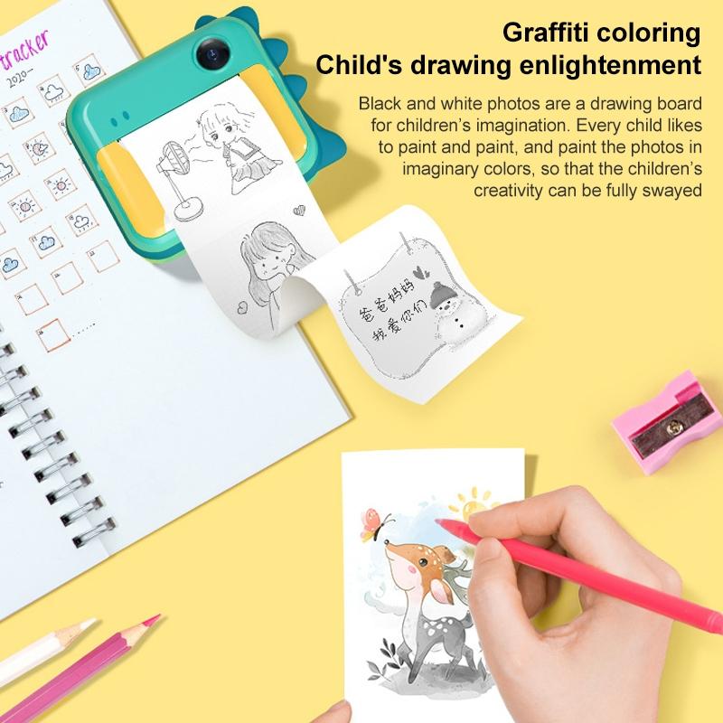 32gb Children Instant Camera with Dual-lens and Mini Print - Pink Cat - Green Dinosaur 32Gb