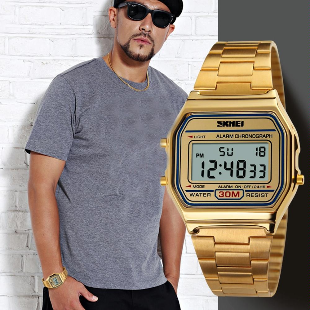 Waterproof Steel Band Men Electronic Watch - Coffee Gold