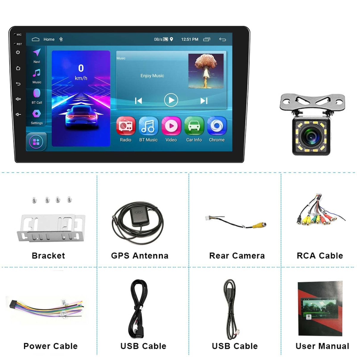 10 Inch Car Android Navigation Screen With Carplay - 2 + 64G Standard + 12Lights Camera