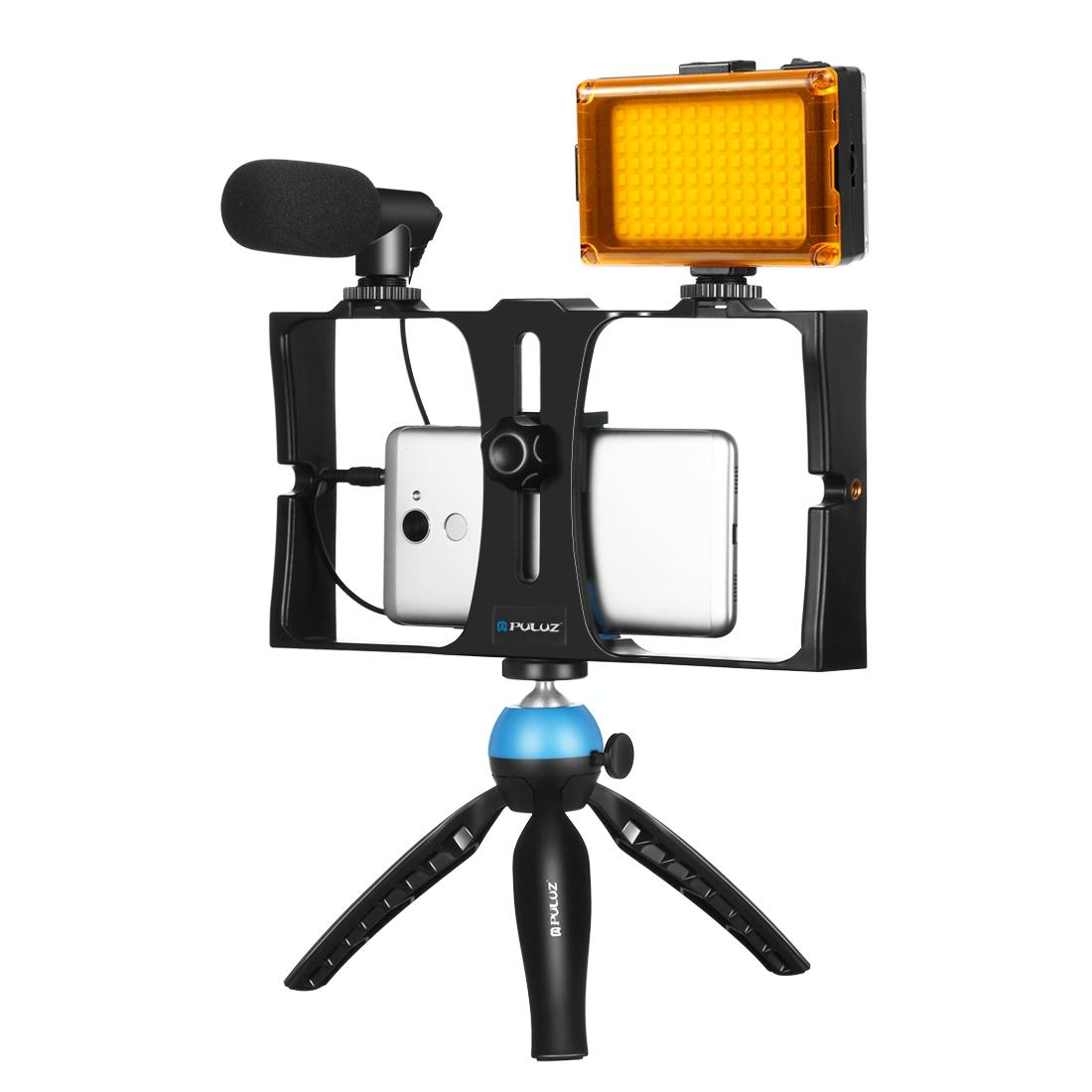 Live Broadcast Vlogging Kit With Led Light Microphone Tripod & Cold Shoe Head - Blue