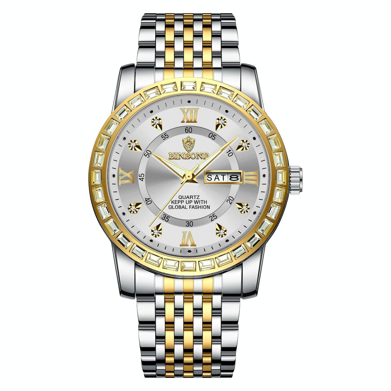 Diamond Dual-calendar Luminous Quartz Watch - B2202 - Inter-Gold-White