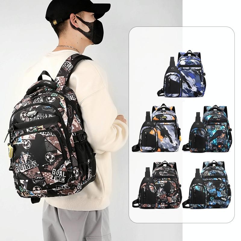 Lightweight 2-in-1 Backpack and Chest Bag for Men - Blue Football - Brown Football