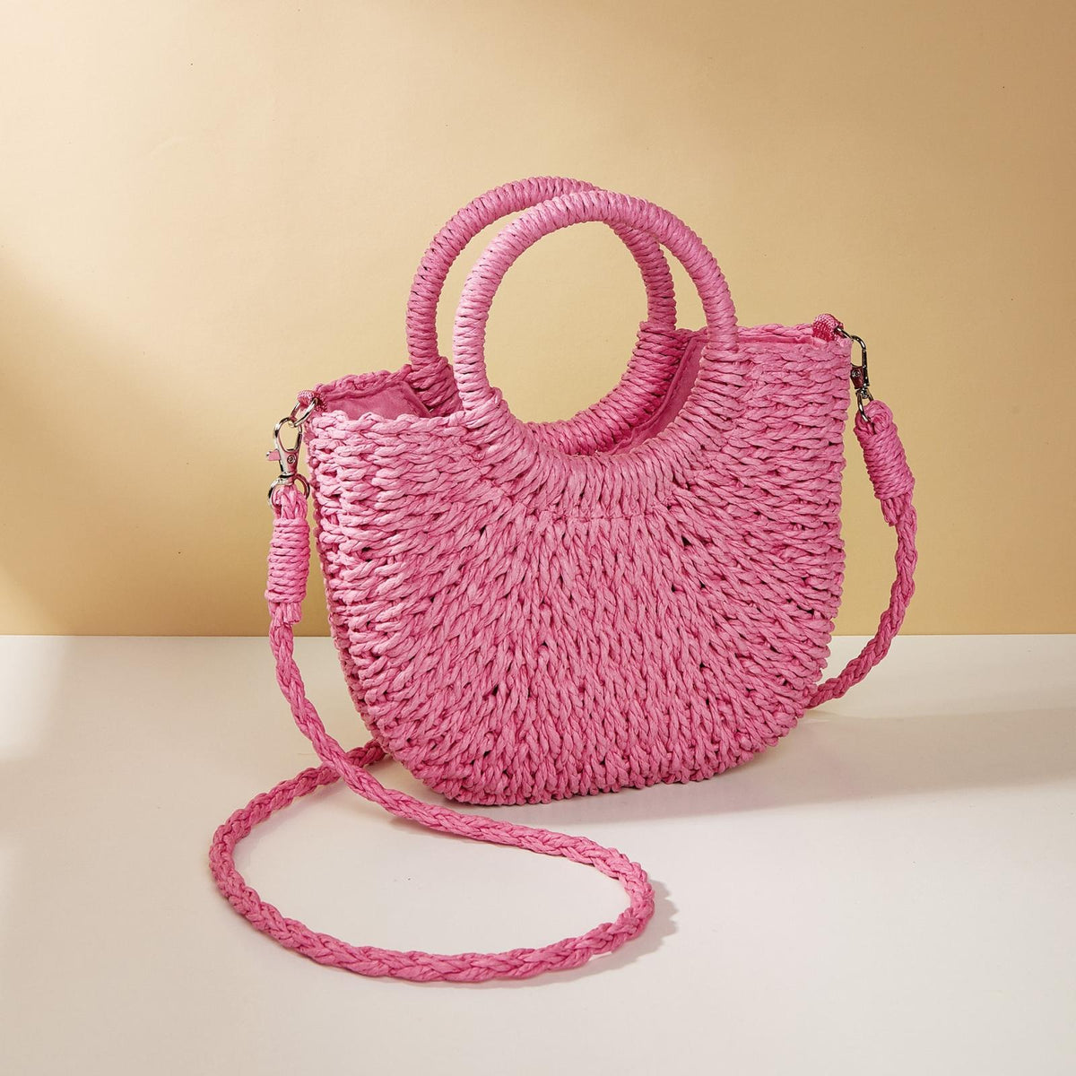 Beige Half Moon Straw Tote Woven Beach Bag - Pink