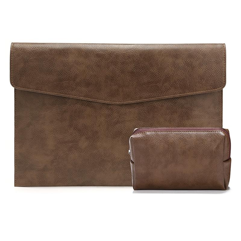 14 Laptop Sleeve &amp; Power Bag - Litchi Leather Dark Brown