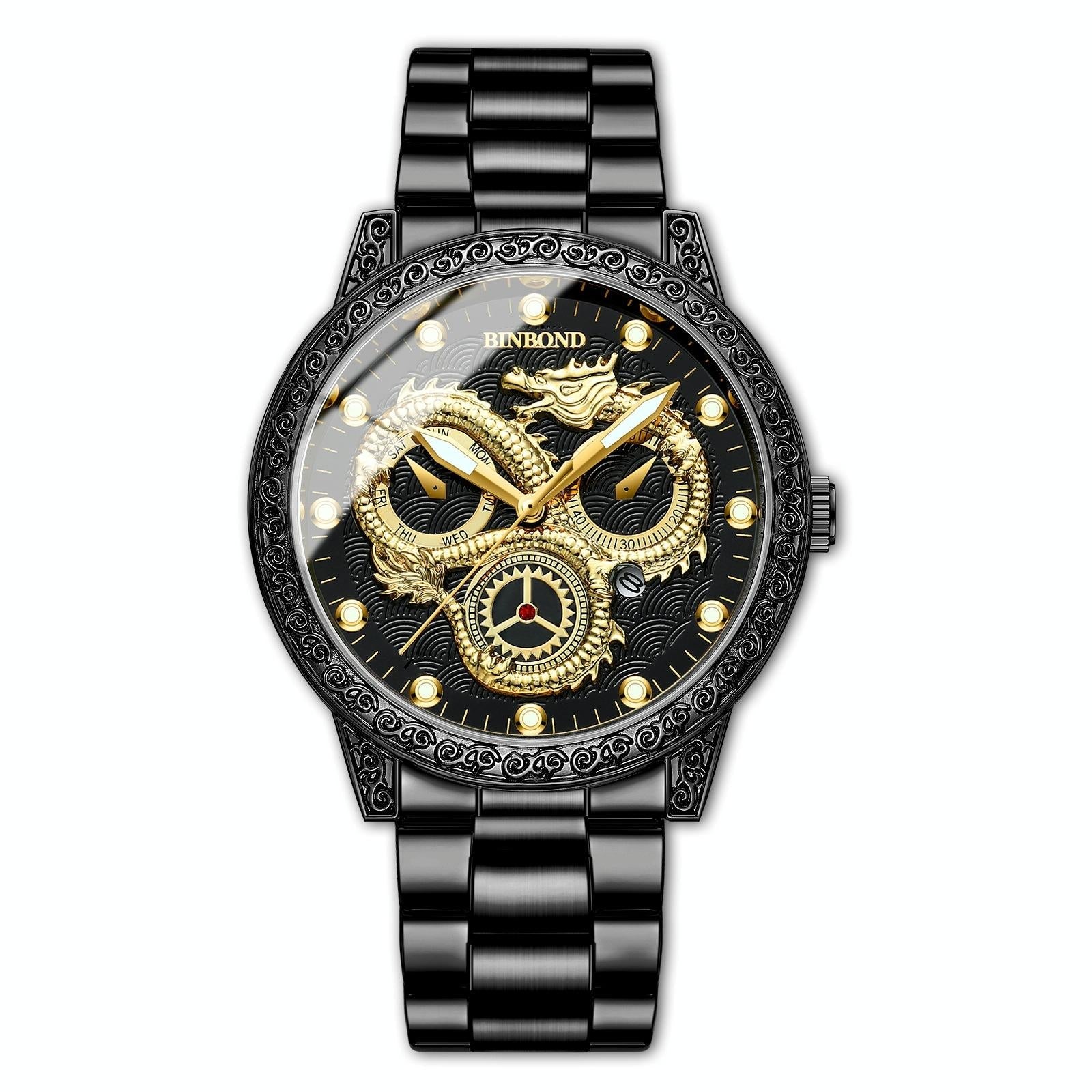 Dragon Embossed Luminous Waterproof Watch - Quartz - White Steel-Black