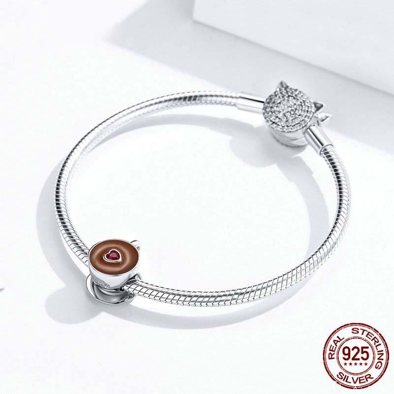 925 Sterling Silver Coffee Cup Beaded Bracelet Charm