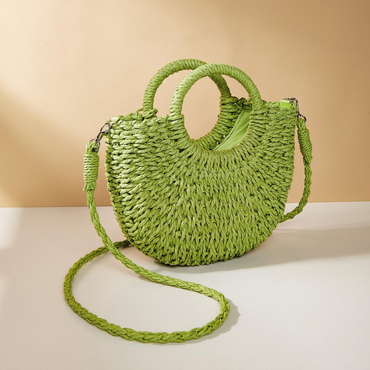 Beige Half Moon Straw Tote Woven Beach Bag - Green
