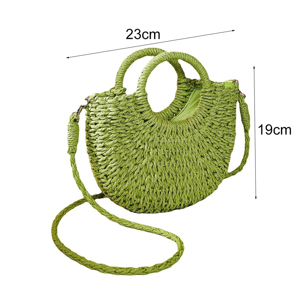 Beige Half Moon Straw Tote Woven Beach Bag - Green