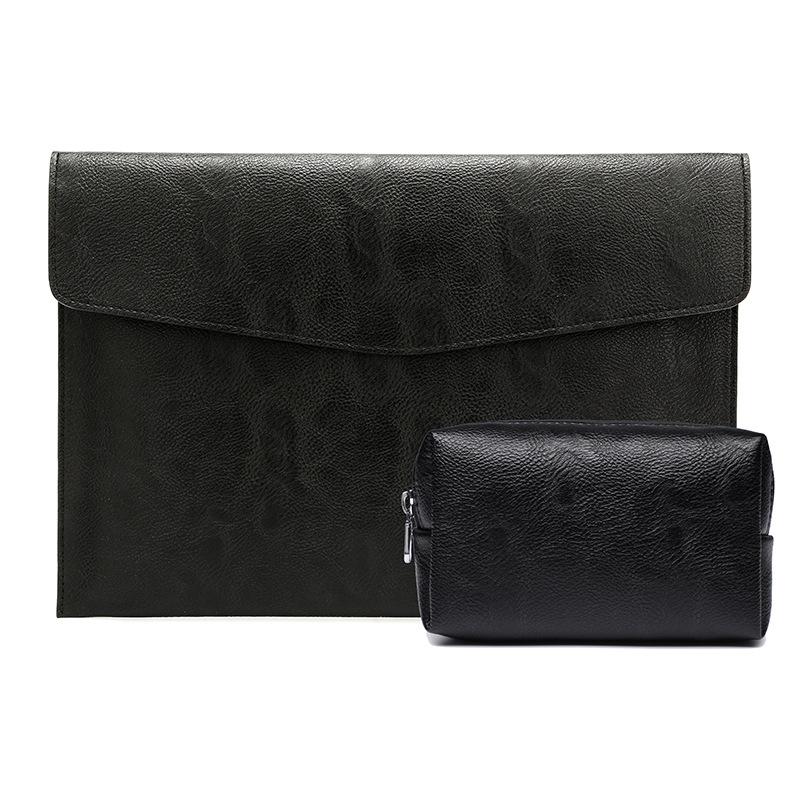14 Litchi Pattern Laptop Sleeve & Power Bag - Black Leather