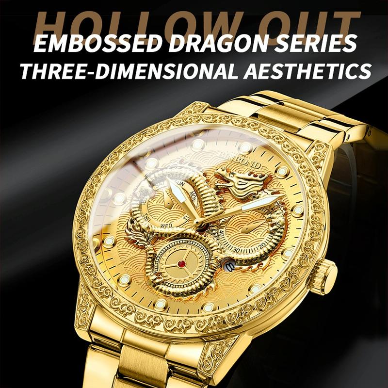Dragon Embossed Luminous Waterproof Watch - Quartz - White Steel-White