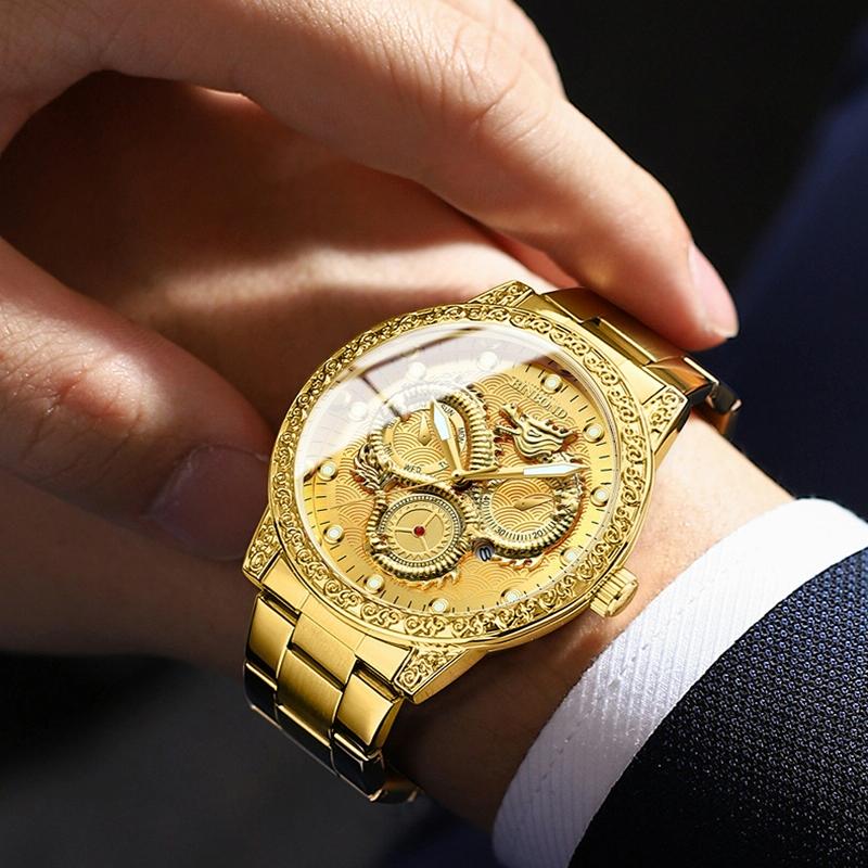 Dragon Embossed Luminous Waterproof Watch - Quartz - White Steel-White