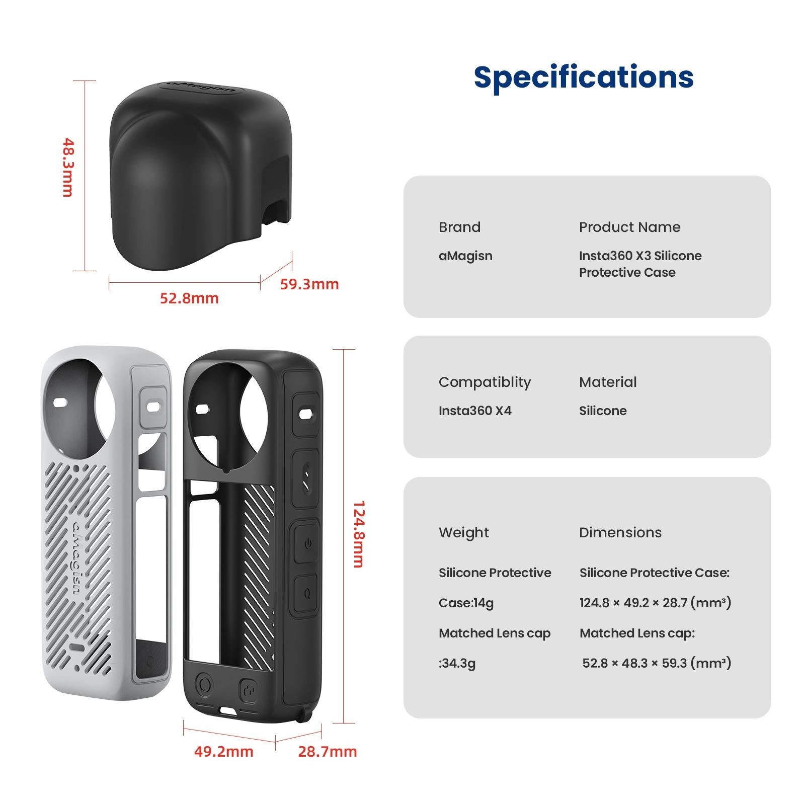 Amagisn Silicone Protective Cover for Insta360 X4 - Lens Cover Gray