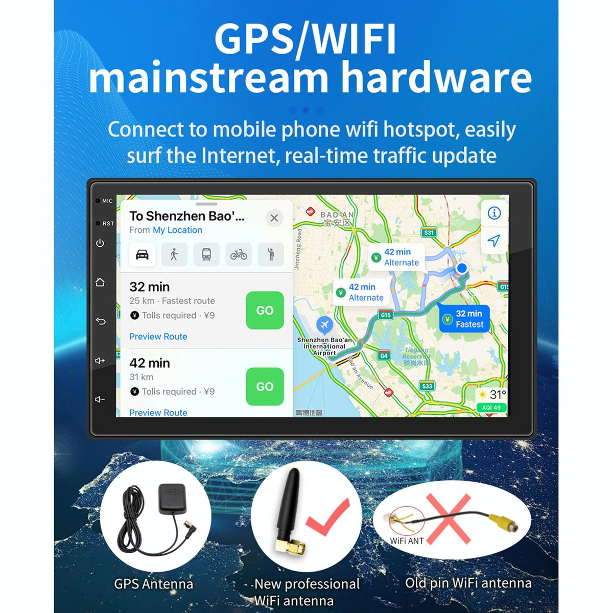 7 Inch Ips Car Android Player Gps Navigation Bluetooth Fm Wifi Steering Wheel Control