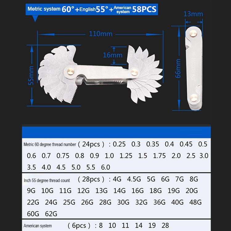 Stainless Steel Thread Gauge - 58 Pcs Metric & British 60 Degree & 55 Degree