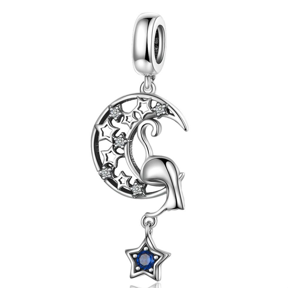 925 Sterling Silver Moon Cat Pendant For Bracelet Or Necklace