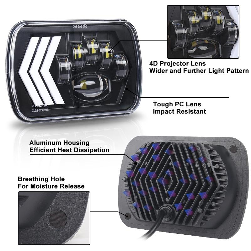 2 Pcs 5X7 Inch Car Modified Red Background Led Square Headlamp For Jeep Wrangler