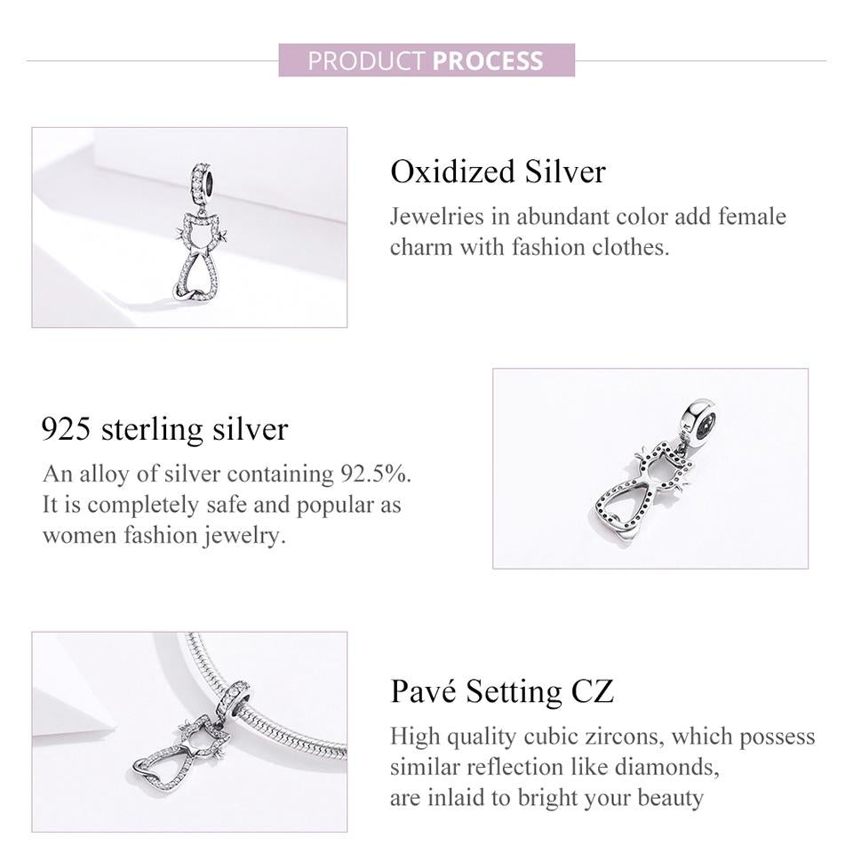 925 Sterling Silver Zircon Cat Pendant For Bracelet Diy Accessory