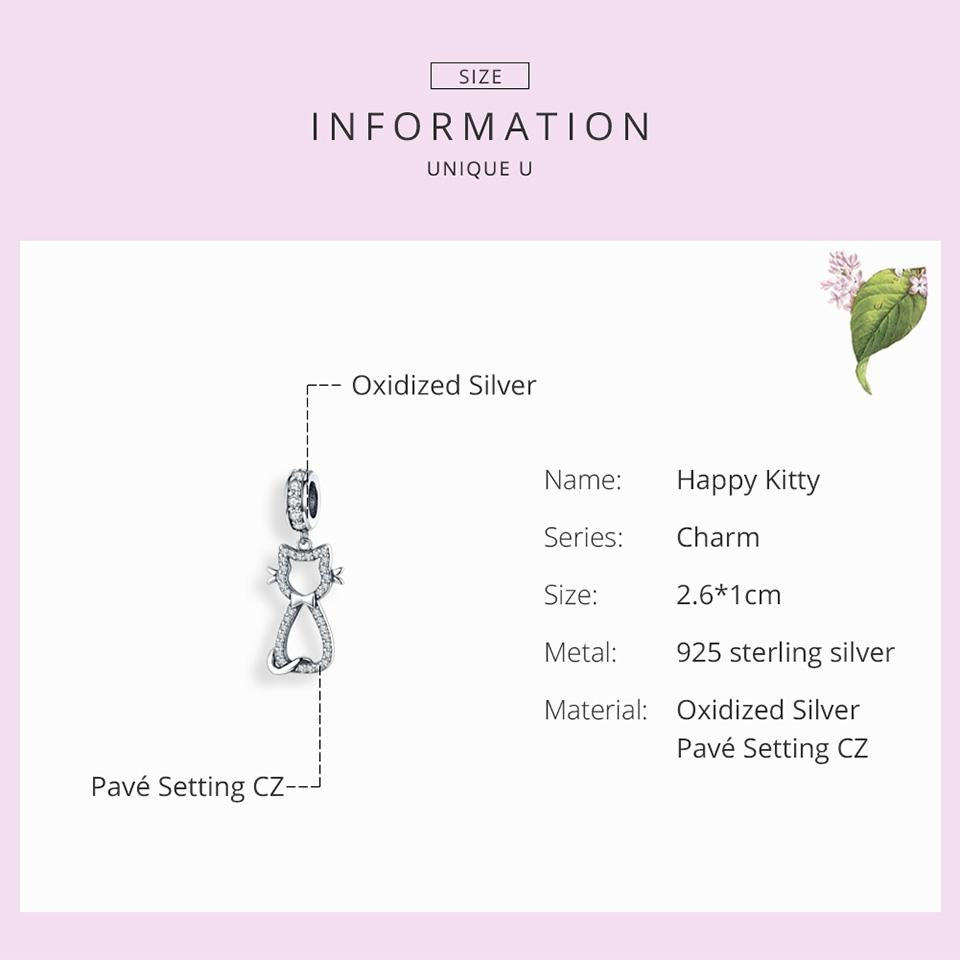925 Sterling Silver Zircon Cat Pendant For Bracelet Diy Accessory