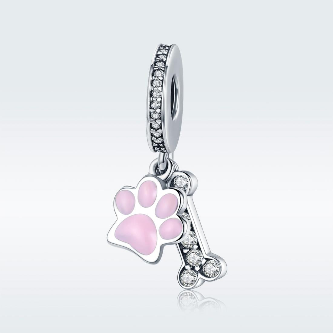 925 Sterling Silver Dog Footprint Diamond Bead Bracelet Charm