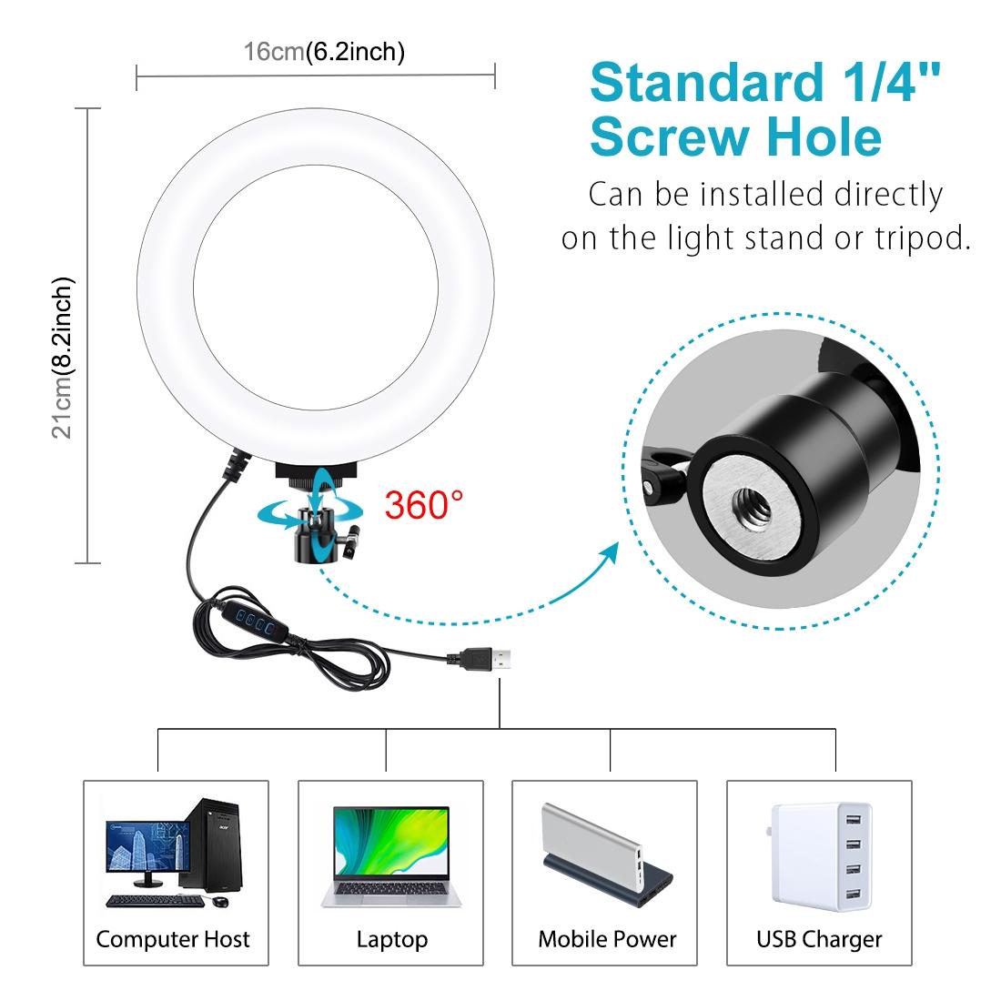16cm Usb Led Ring Light with Tripod and 3 Modes - Black
