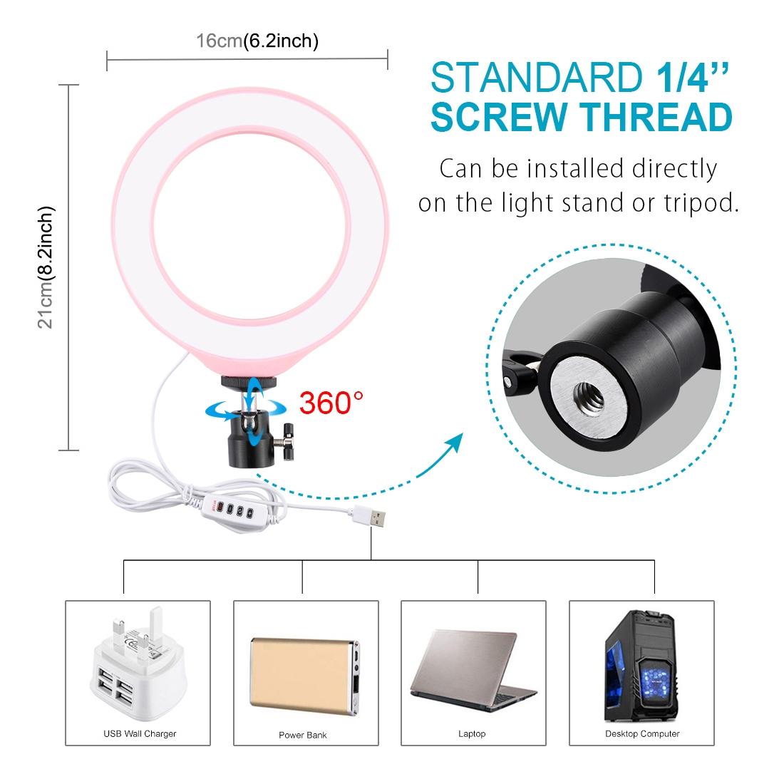 16cm Usb Led Ring Light with Tripod and 3 Modes - Black
