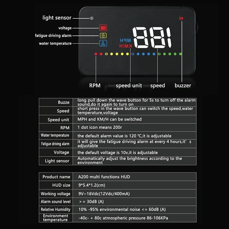 3.5 Inch Vehicle Head Up Display Car Speed Engine Revs Water Temp Voltage