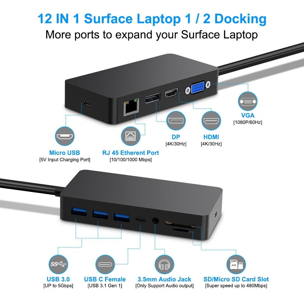 11-In-1 Usb 3.0 Hub Adapter With Rj45 For Surface Laptop 1 / 2