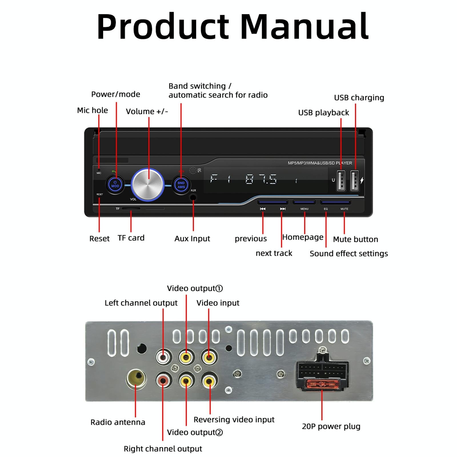 7 Inch Manually Retractable Car Mp5 Player With Mirror Link Fm Tf Card Usb Bluetooth Hands-Free Calling Reversing Trajectory & Cayplay