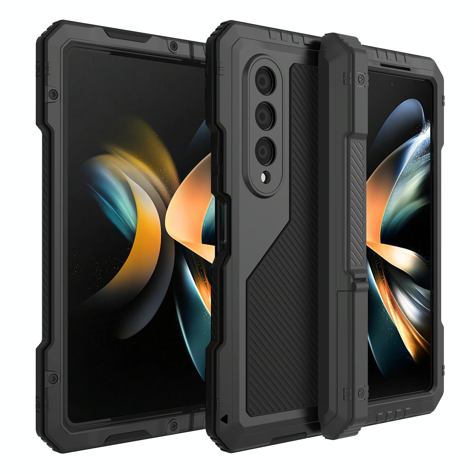 For Samsung Galaxy Z Fold4 5G Waterproof Metal Phone Case With Folding Holder - Black