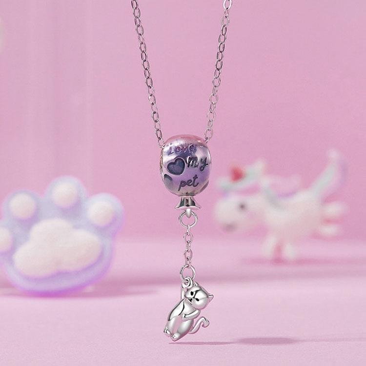 925 Sterling Silver Hot Air Balloon Cat Pendant