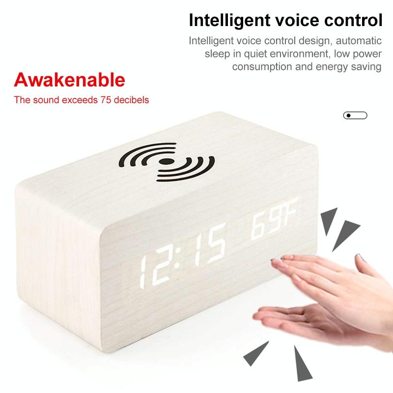 5W Wooden Wireless Charger With Led Mirror Display And Sub Alarm Clock - Bamboo