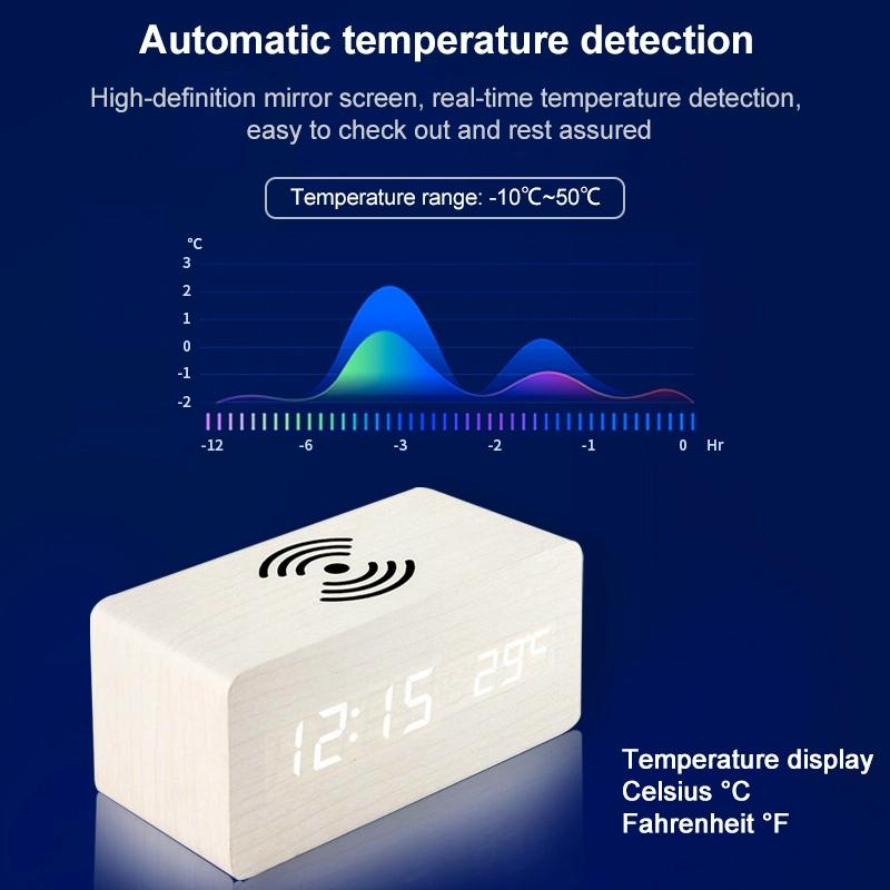 5W Wooden Wireless Charger With Led Mirror Display And Sub Alarm Clock - Bamboo
