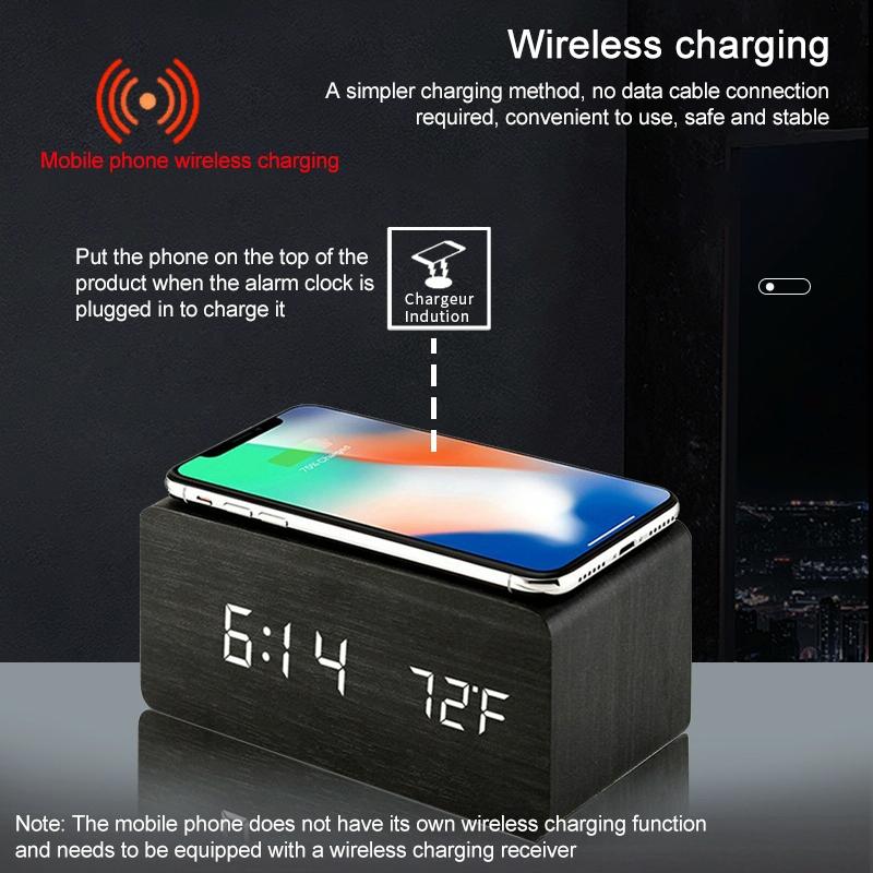 5W Wooden Wireless Charger With Led Mirror Display And Sub Alarm Clock - Bamboo
