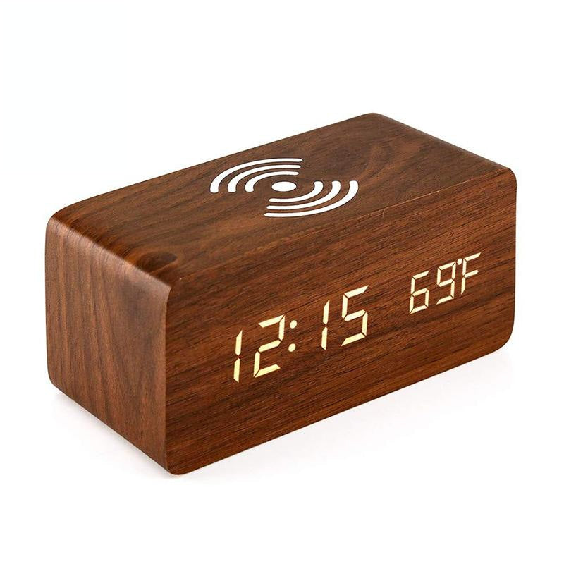 5W Wooden Wireless Charger With Led Mirror Display And Sub Alarm Clock - Bamboo