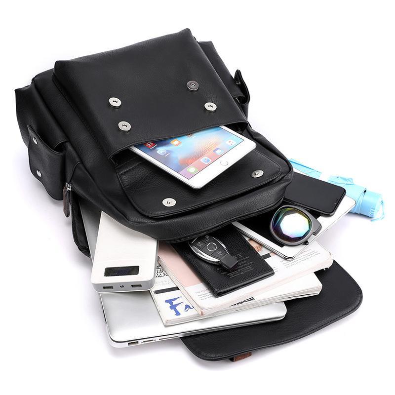 Large Capacity Pu Leather Laptop Backpack For Travel & School - Black
